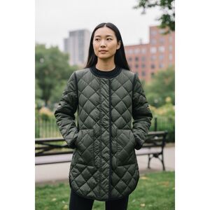 Theory Quilted Down Long Coat Olive Green Taffeta Jacket XS Petite